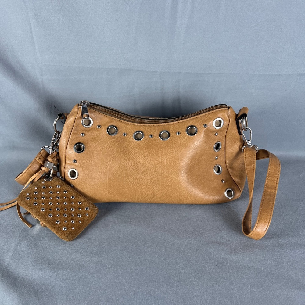 Sam & Hadley Womens Handbag Brown Leather Eyelets Crossbody Bag with Coin Purse